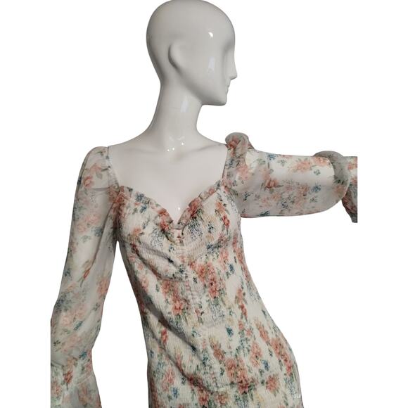 STORIA Women's Size Large Pastel Floral Smocked Chiffon Ruffle Whimsical Dress - Picture 4 of 10